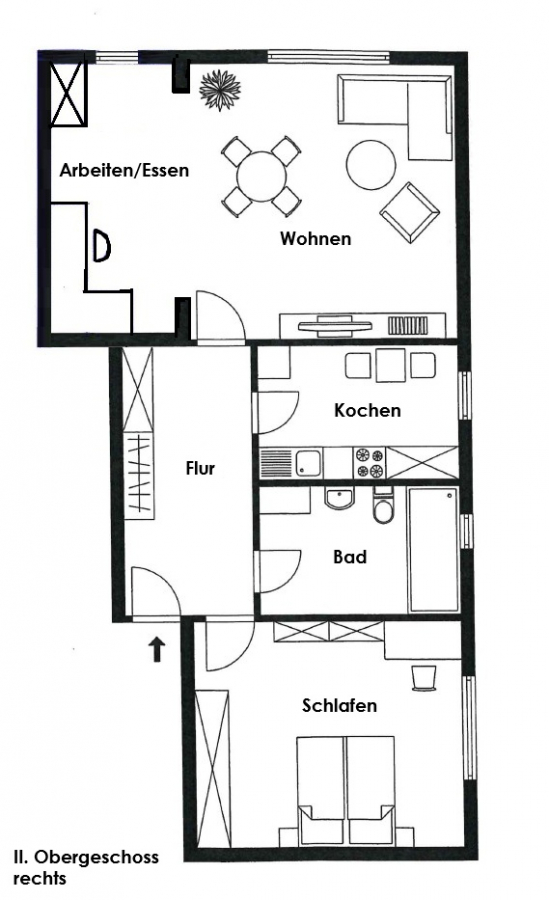 Grundriss-Skizze - 2,5-Zimmer-Wohnung, 2. OG, modernes Bad, Solingen-Höhscheid.