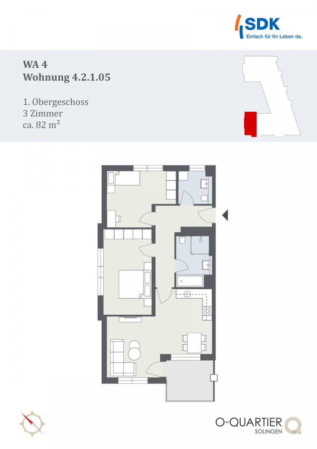 Grundriss - Wohnen im O-Quartier. 3-Zimmer-Wohnung mit ca. 81m² Wohnfläche und Balkon.