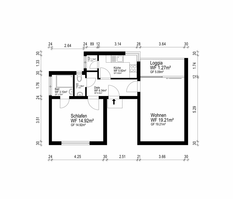 Grundriss - Kapitalanlage oder Eigennutz: 2-Zimmer-Wohnung mit Loggia in Solingen-Aufderhöhe.