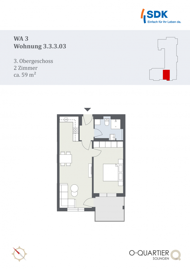 Grundriss - Moderne 2-Zimmer-Wohnung mit Balkon im O-Quartier in Solingen-Ohligs.