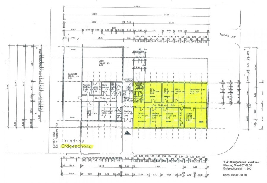 Gundriss EG rechts gelbe Fläche - Büroflächen im Erdgeschoss. 312m². Flexibel. Perfekte Anbindung in Leverkusen Manfort.