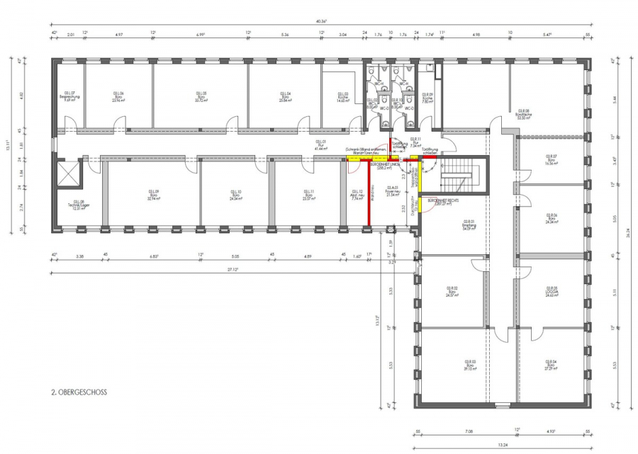 Grundriss 2. OG - Ab Januar 2026. Bürofläche im 2. OG. Fahrstuhl. Perfekt gelegen im Hildener Gewerbegebiet.